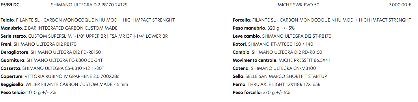 Specifiche Filante SL Ultegra